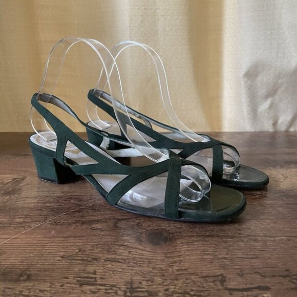 VIntage 1970s Delman Shoes Womens Sandal Sz 7 Green Suede Leather Open Toe Heel - Picture 1 of 8